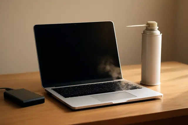 Open laptop beside an external hard drive and compressed air with dust near the vents