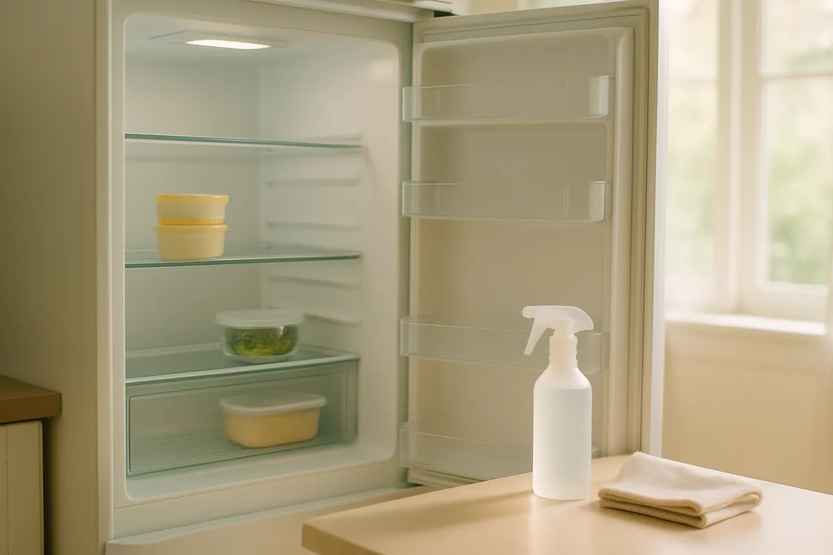 Open refrigerator with clean glass shelves and neat containers beside a cloth and spray bottle