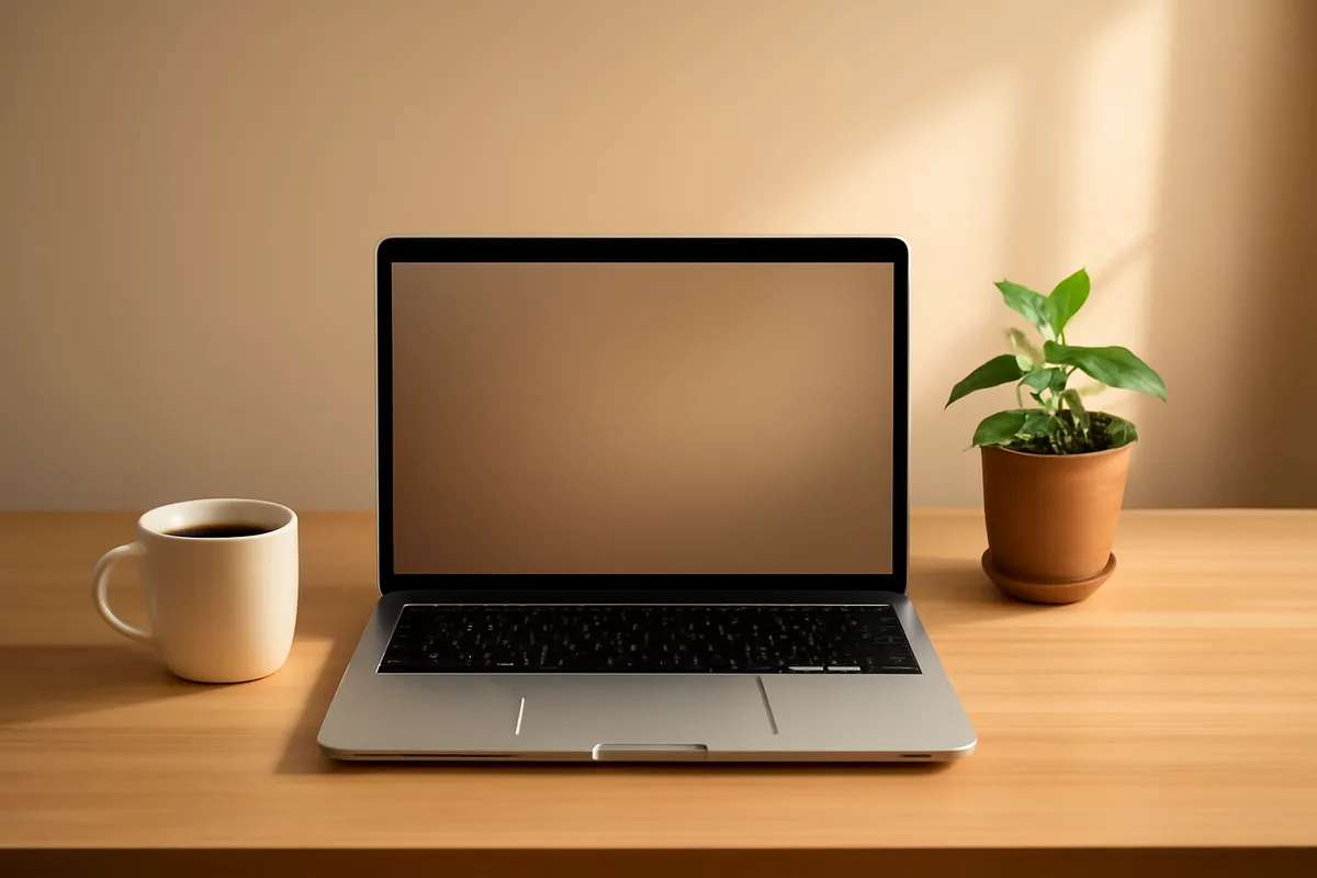 Tidy desk with a laptop showing a clean empty screen beside a coffee cup and small plant