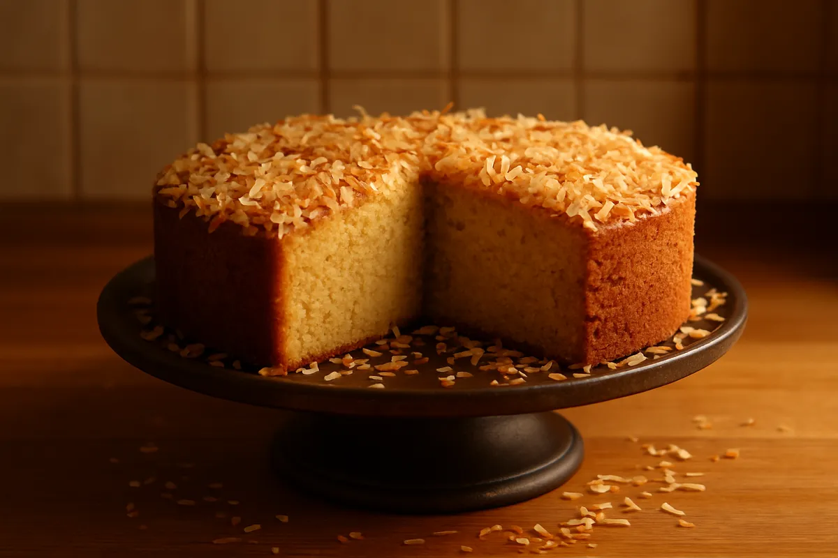 Dense coconut torte with one slice removed showing a close moist crumb and toasted coconut