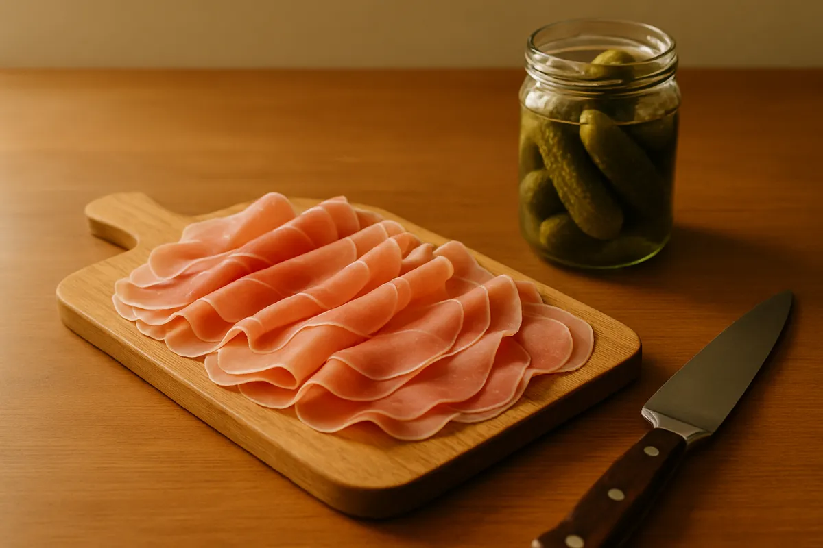 Wooden board of thinly sliced cured meats fanned out beside a knife and a jar of pickles