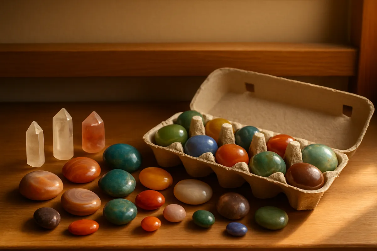 A collection of polished stones, agates and crystals on a wooden shelf
