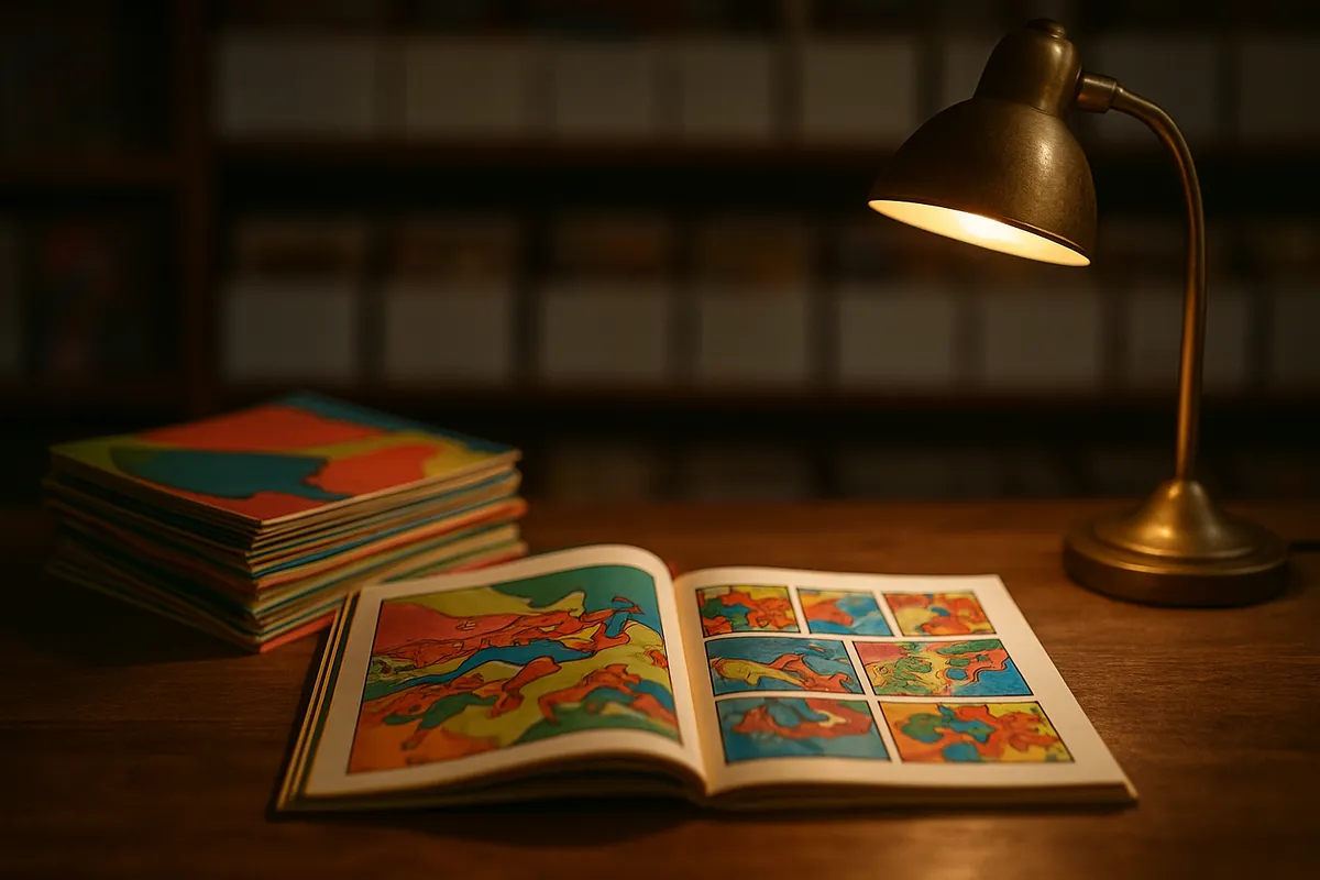 Fanned stack of colorful comic books on a wooden table with one lying open under a lamp