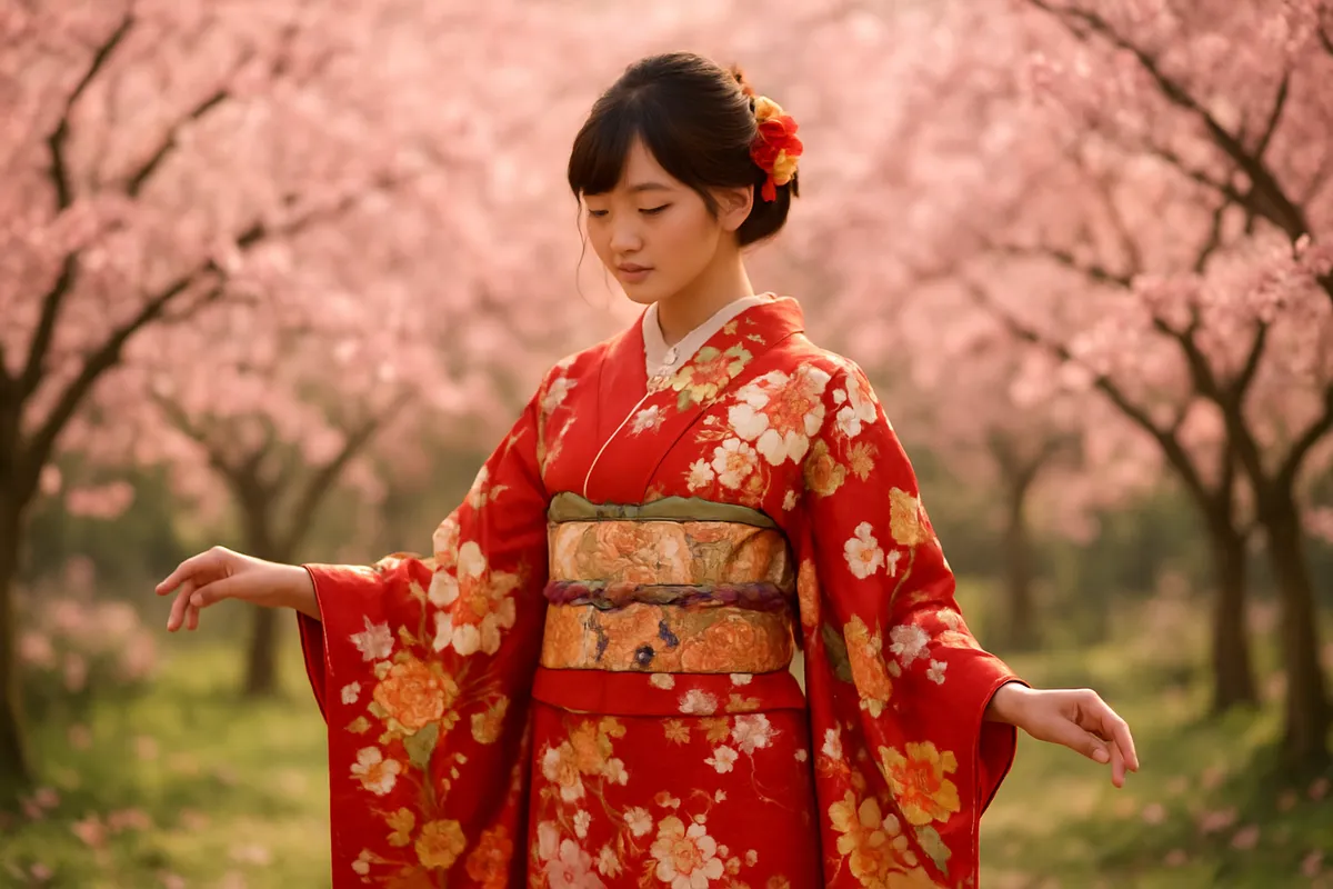 A young woman in a bright ceremonial kimono in a cherry blossom garden