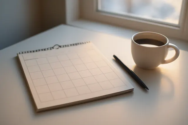 Fresh wall calendar turned to a blank month beside a pen and cup of coffee