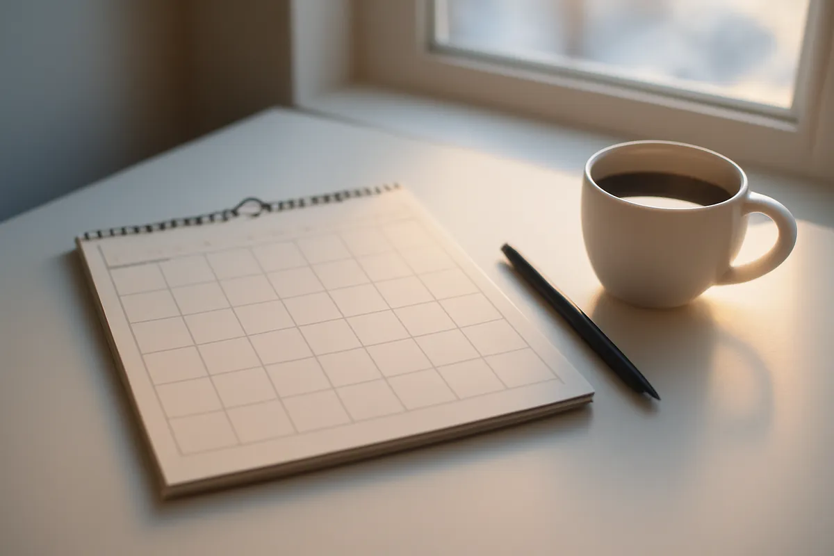 Fresh wall calendar turned to a blank month beside a pen and cup of coffee