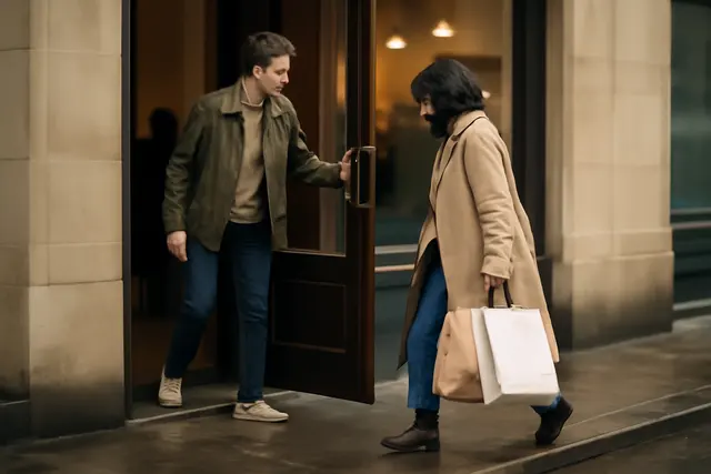 Person holding a shop door open for someone carrying bags on a wet pavement