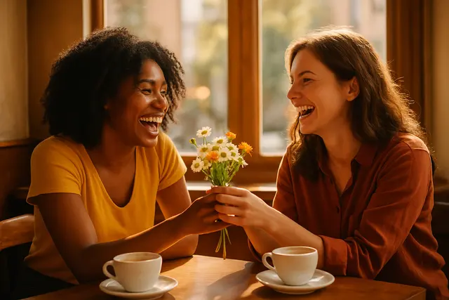 Two friends smiling across a cafe table as one hands the other a bouquet