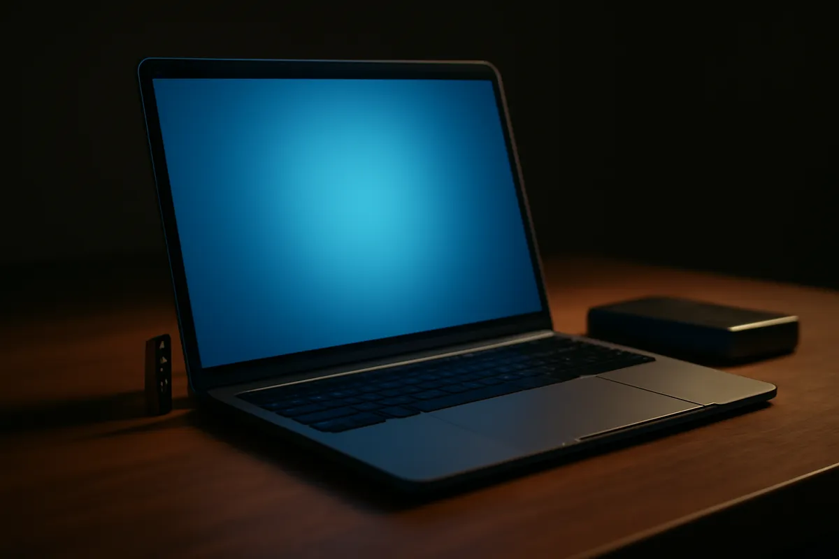 Laptop with a hardware security key in its port and an external backup drive beside it