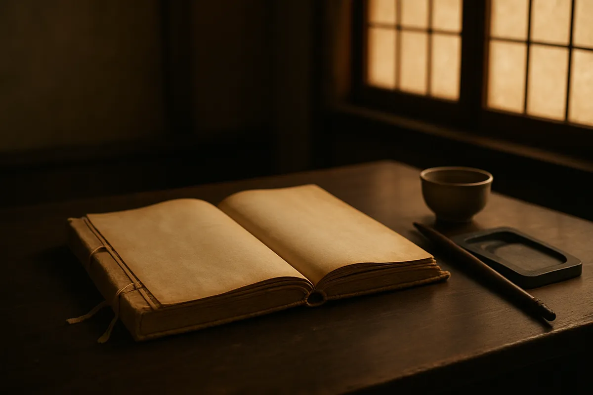 Aged silk-bound book open on a wooden desk with ink stone, brush and tea