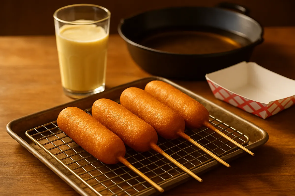 Golden corn dogs draining on a wire rack beside a tall glass of batter and a pan of oil
