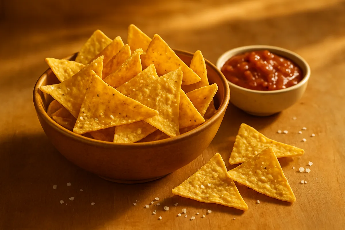 Bowl of golden corn chips with some spilled beside a dish of salsa