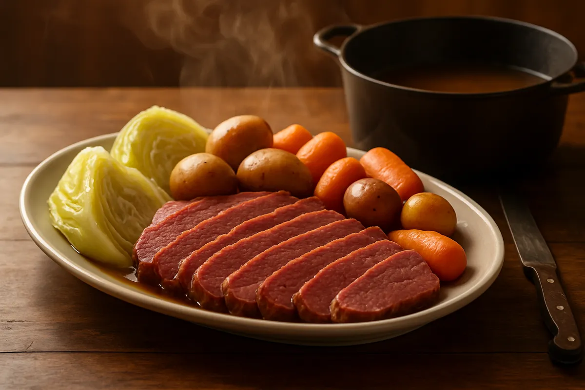 Platter of sliced corned beef with cabbage wedges, potatoes and carrots, steam rising