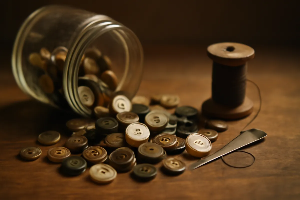 Spilled jar of mismatched vintage buttons on a wooden table with a needle and thread