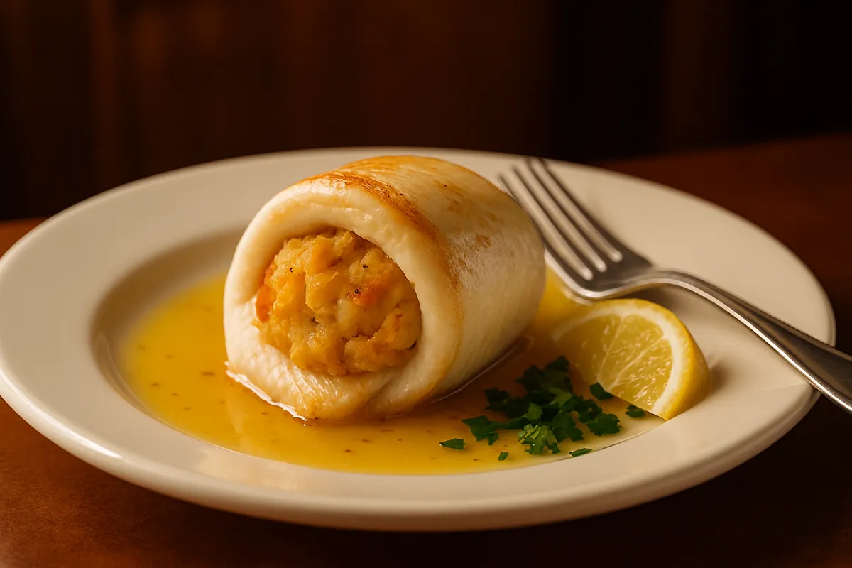 Baked flounder fillet rolled around golden crab stuffing on a white plate with lemon