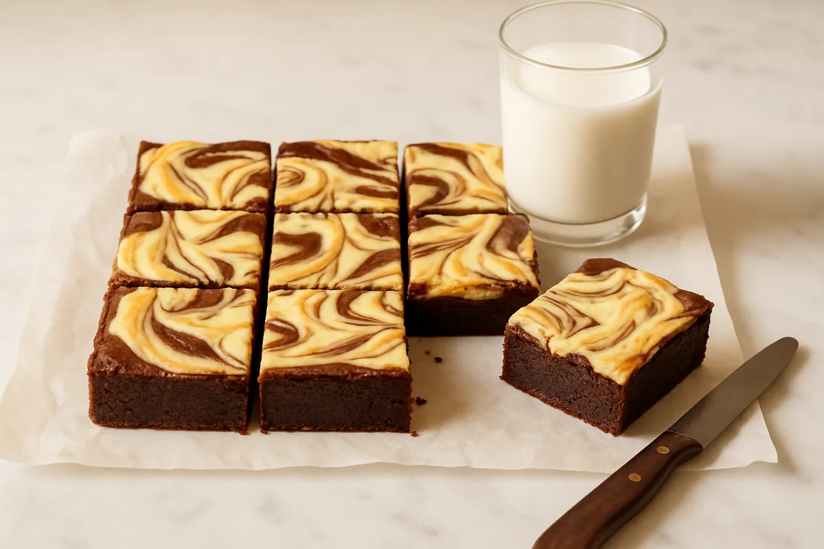 Cream cheese brownies cut into squares with pale swirls, one lifted showing fudgy interior