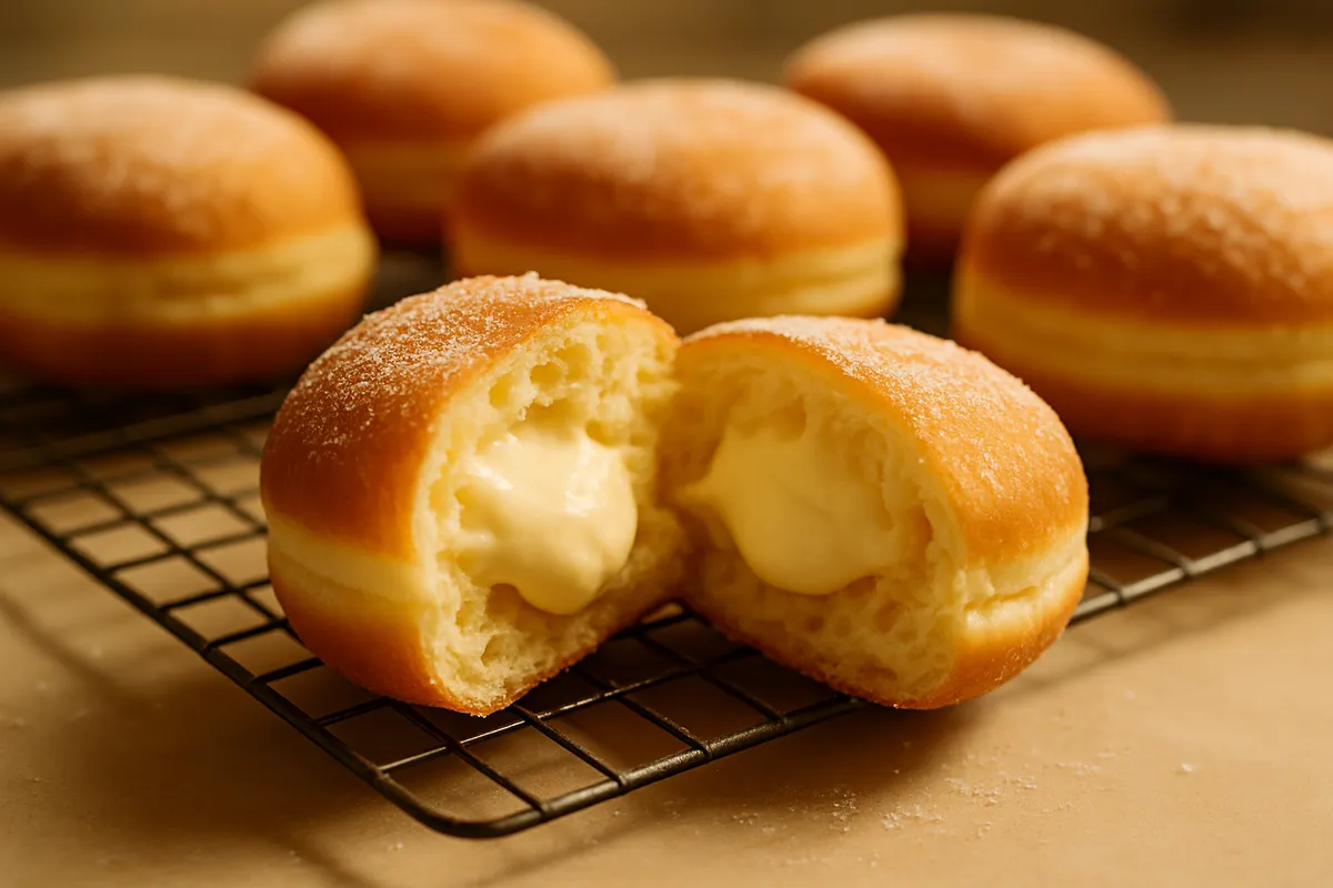 Cream filled donut broken open to show the pale filling, others on a rack behind