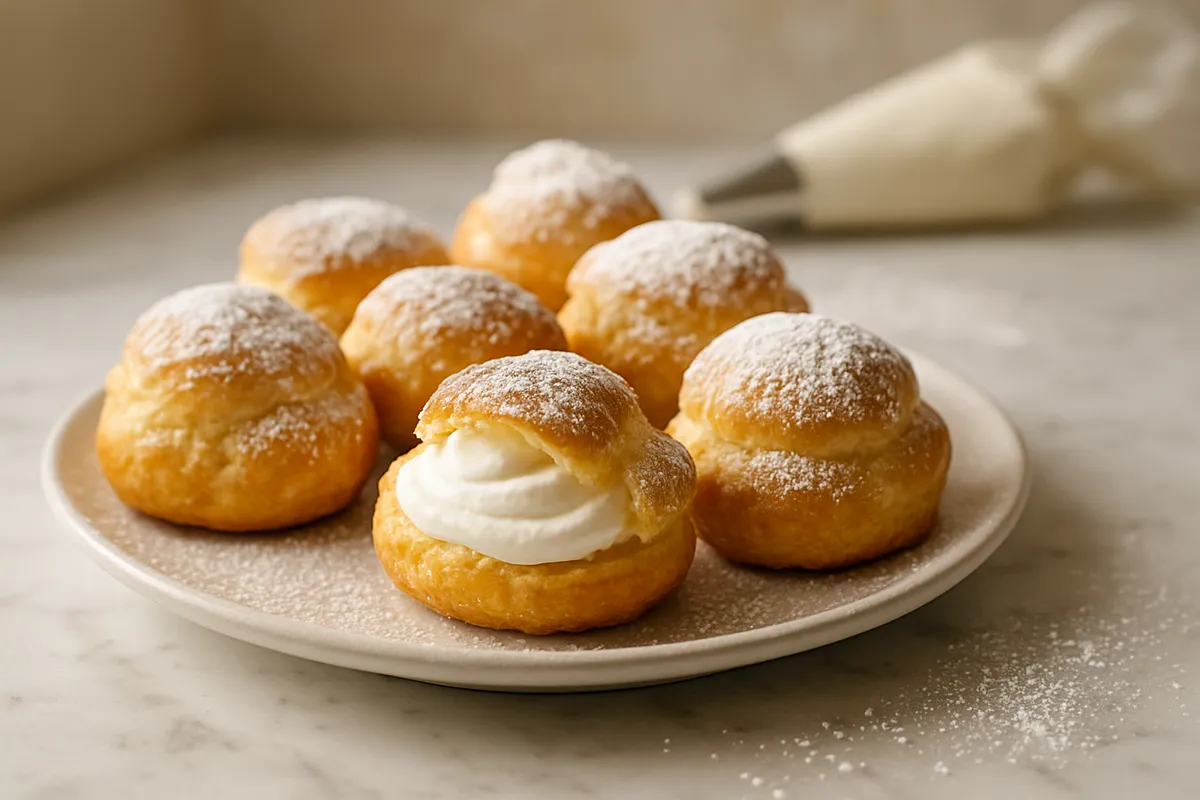 Plate of golden cream puffs with one split open showing whipped cream, dusted with sugar