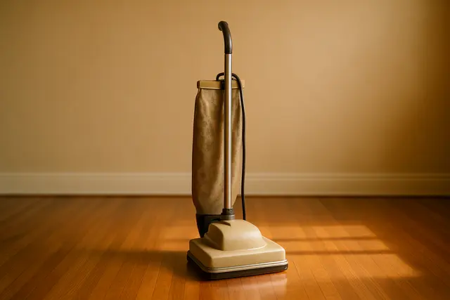 A vintage vacuum cleaner in a tidy empty sunlit room