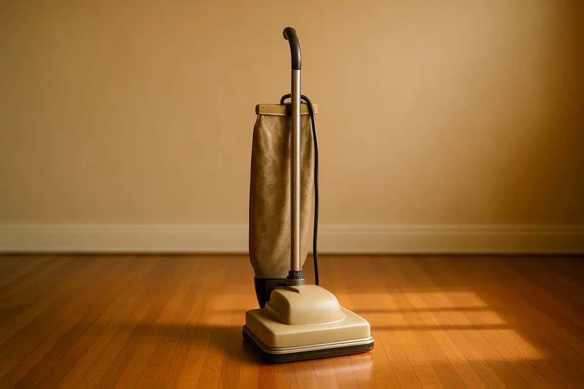 A vintage vacuum cleaner in a tidy empty sunlit room