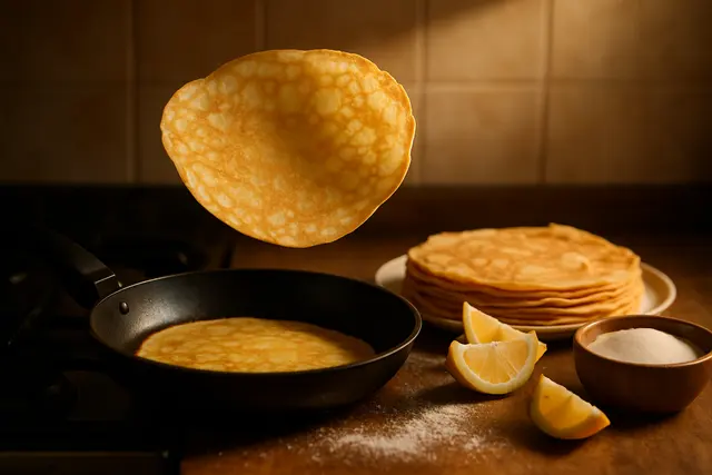 Thin golden crepe mid-flip above a pan with a stack of finished crepes and lemon nearby