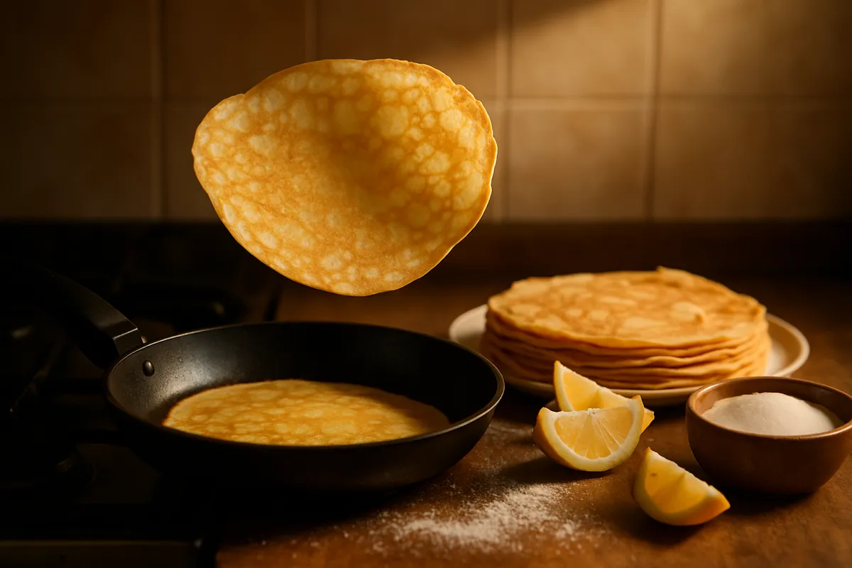 Thin golden crepe mid-flip above a pan with a stack of finished crepes and lemon nearby