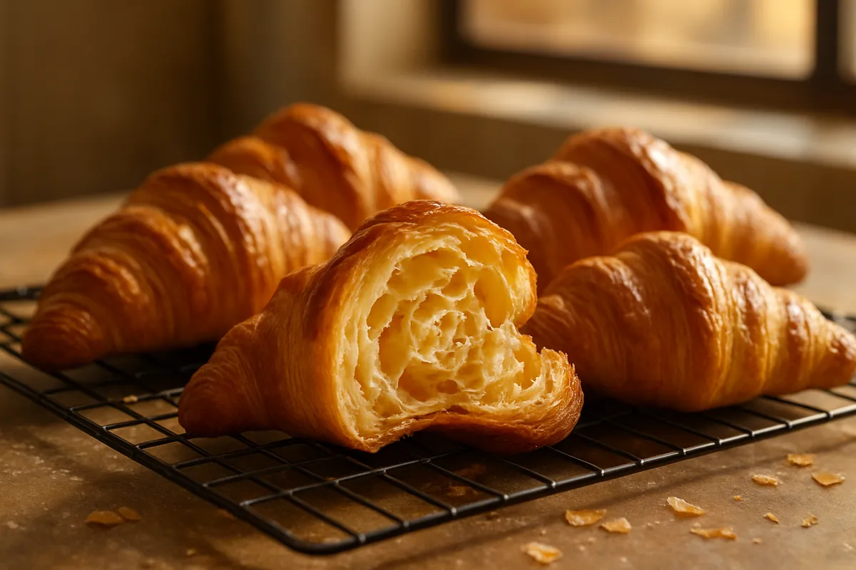 Golden croissants on a wire rack with one torn open showing layered honeycomb interior