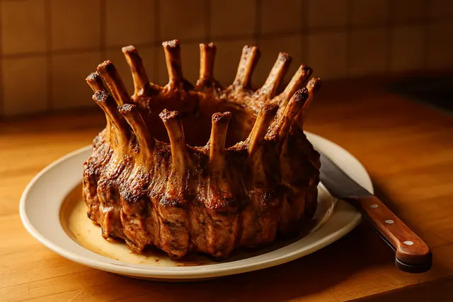 Crown roast of pork on a platter with bones standing in a ring and the center empty