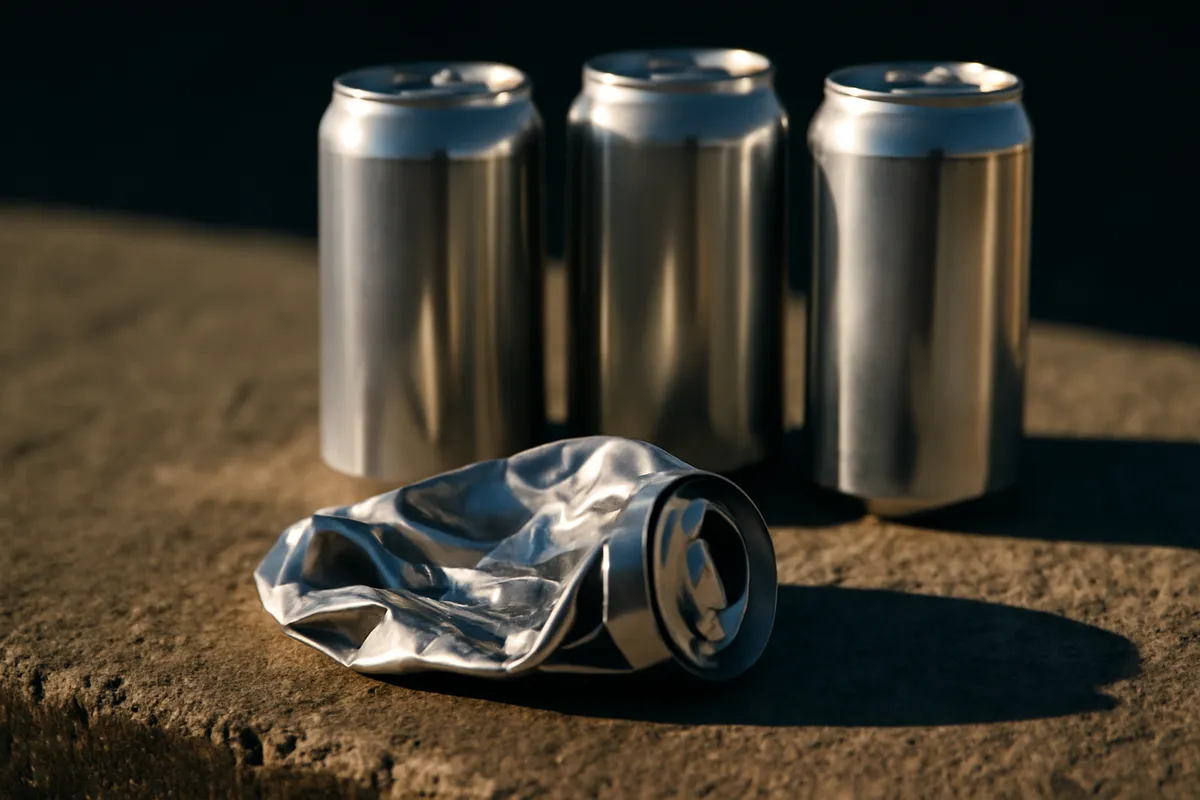 Flattened aluminum can on concrete beside intact silver cans in strong side light