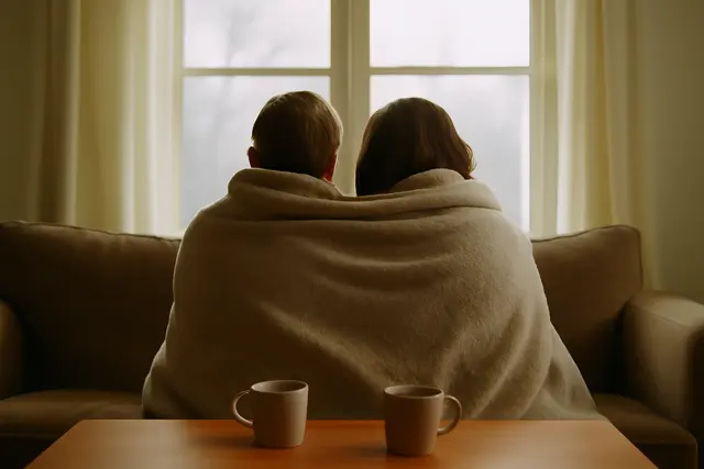 Two people wrapped in a blanket on a sofa facing a window in gray winter light
