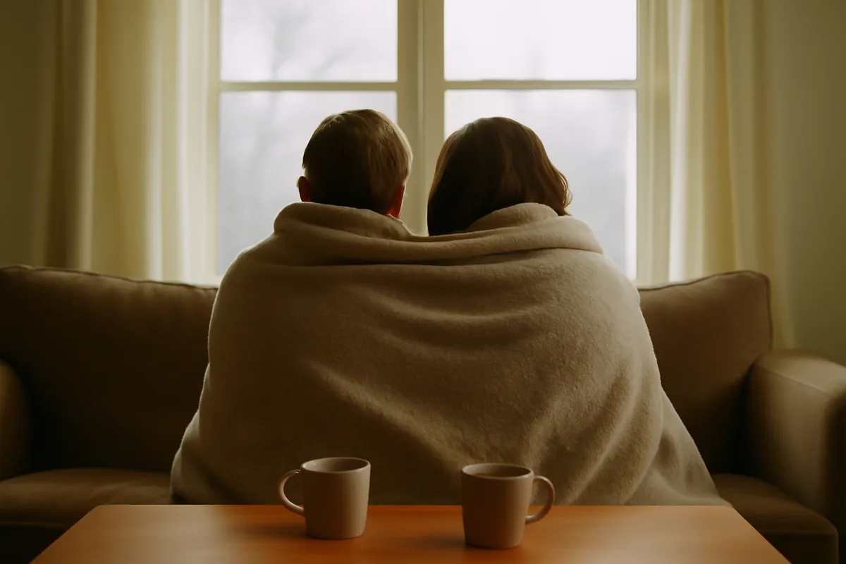 Two people wrapped in a blanket on a sofa facing a window in gray winter light