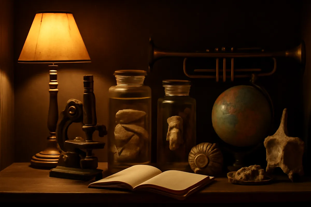 Cluttered shelf of brass instruments, specimen jars, fossils and a globe in warm lamplight