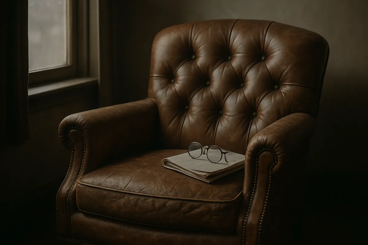 Worn leather armchair by a window with a folded newspaper and reading glasses on the arm