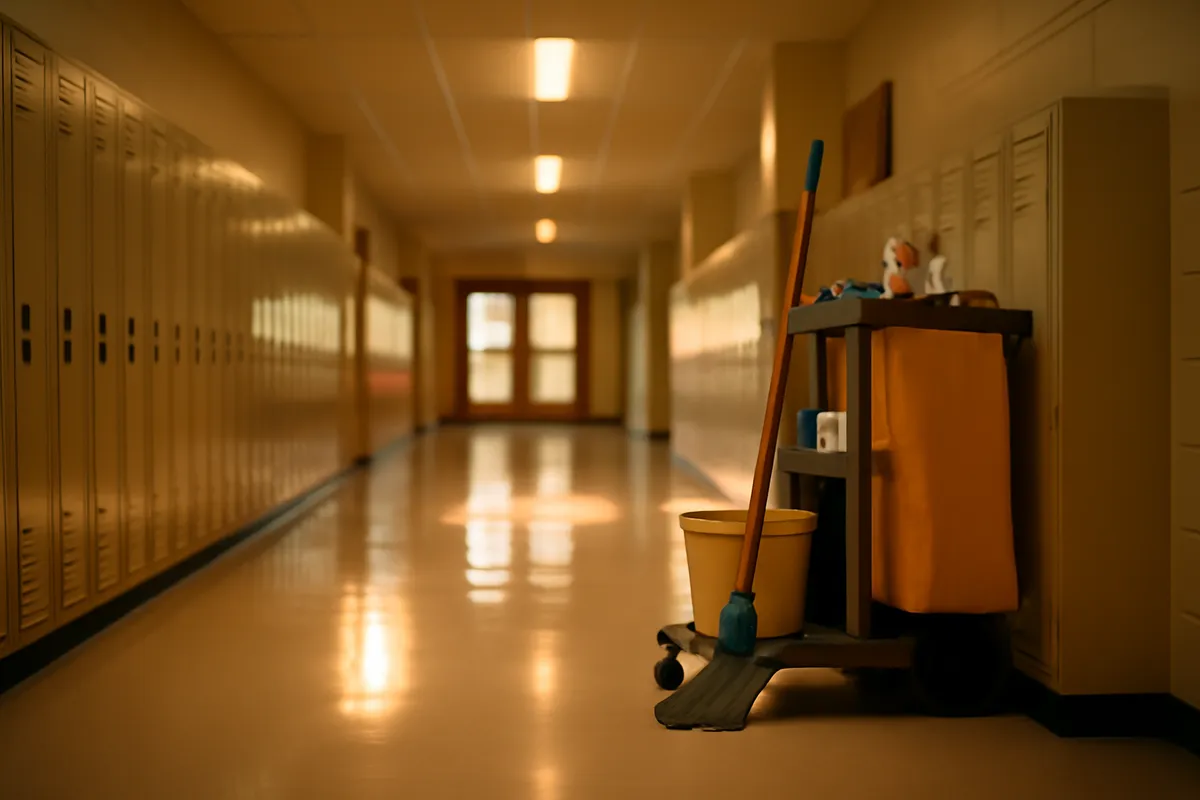 Empty school hallway with polished floor and a cleaning cart parked beside lockers