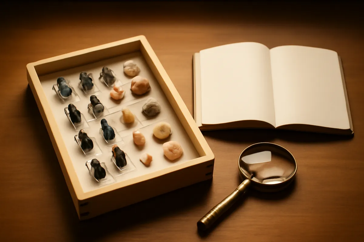 Wooden specimen drawer of beetles and shells beside an open notebook and brass magnifier