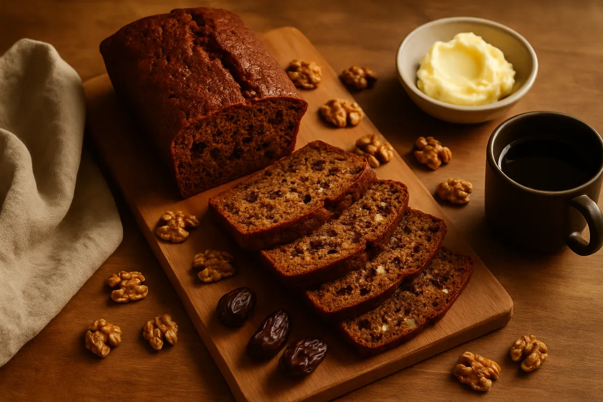 Sliced dark date nut bread loaf on a wooden board with butter, walnuts, dates and coffee