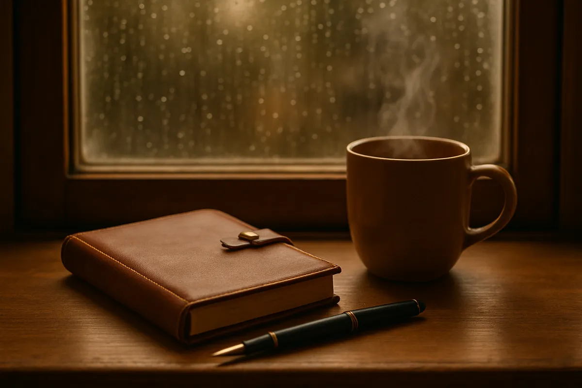 A closed leather journal with a pen and a steaming mug on a windowsill