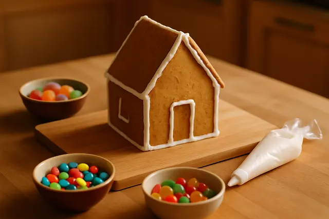 Part-built gingerbread house with piped icing joins beside bowls of sweets and a piping bag