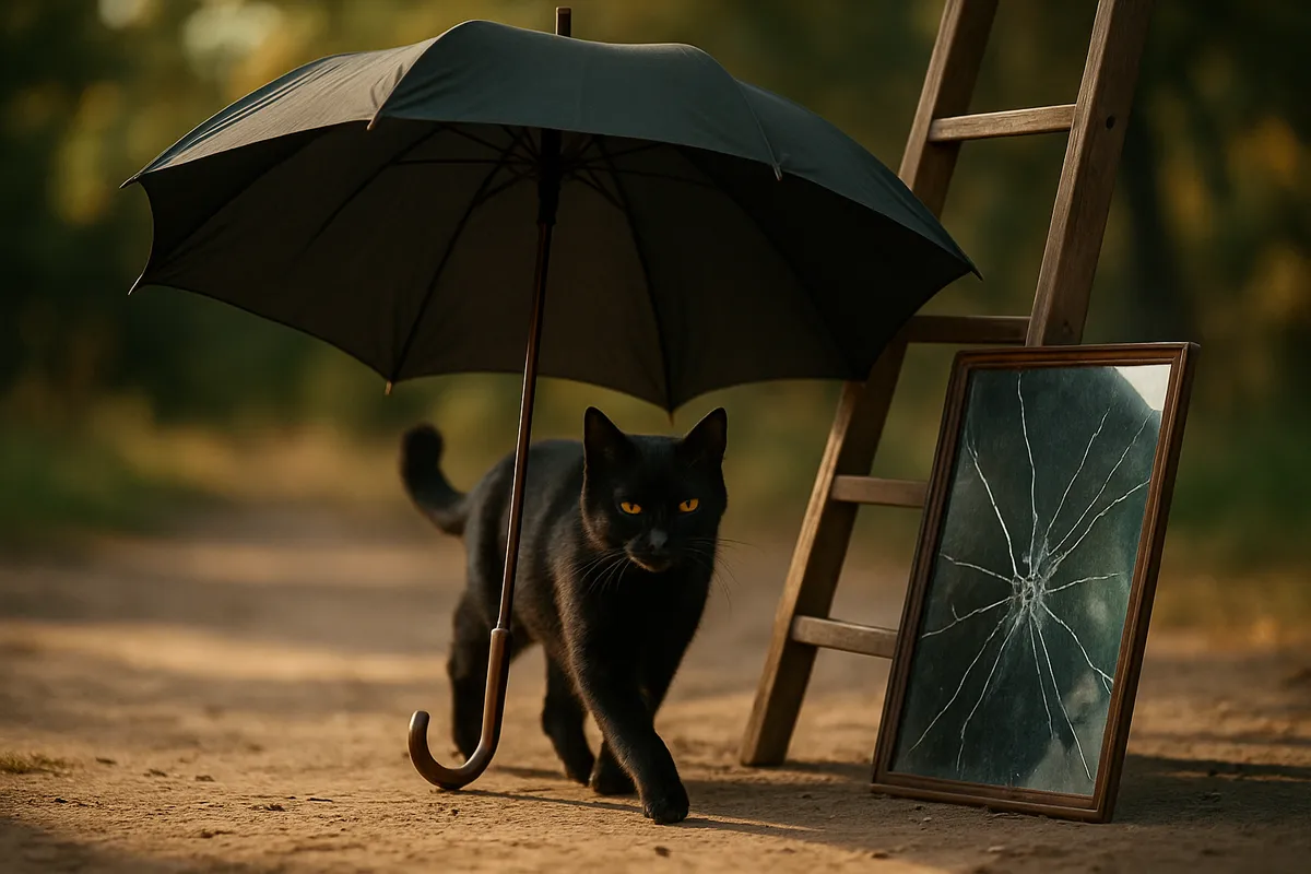 A black cat walking under a ladder beside an open umbrella and a cracked mirror