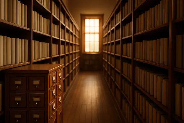 A quiet library aisle with tall wooden shelves and a wooden card catalog cabinet
