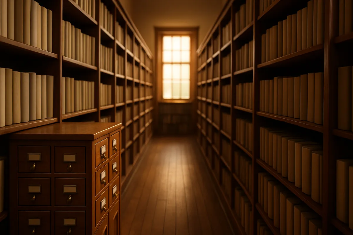 A quiet library aisle with tall wooden shelves and a wooden card catalog cabinet