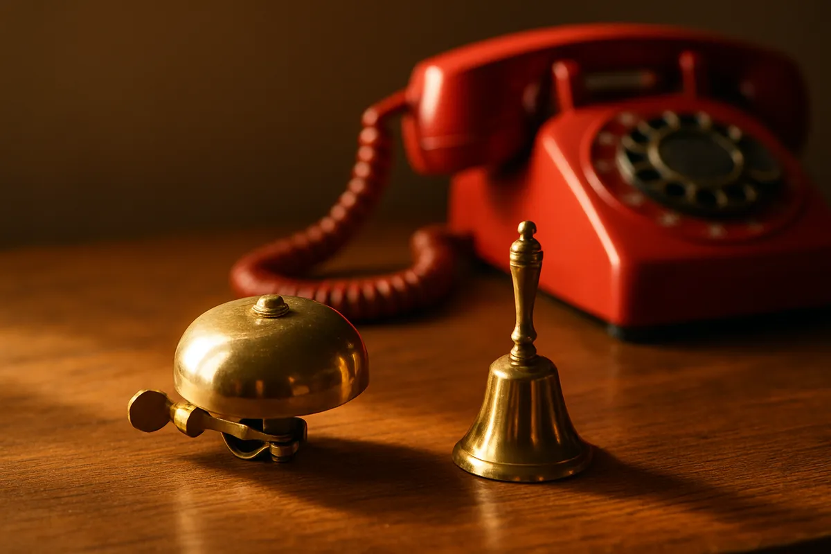 A brass bicycle bell and a hand bell next to a red retro telephone