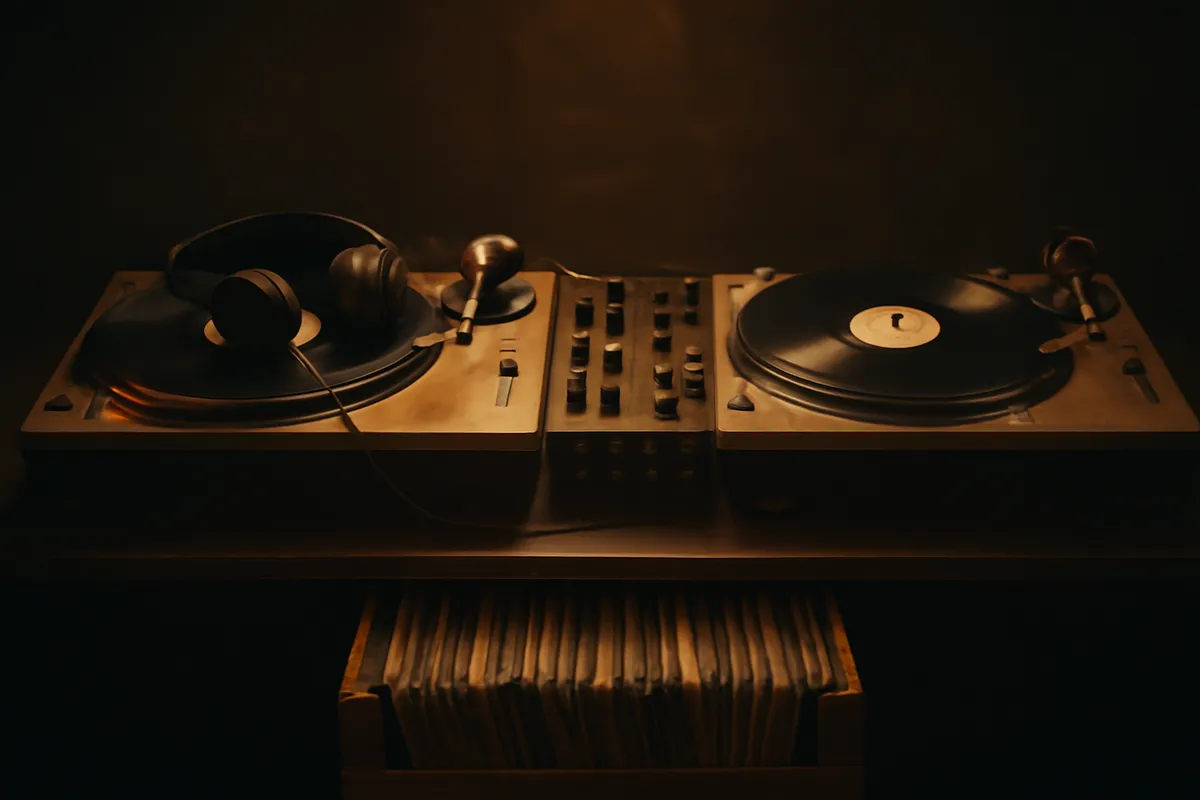 Two turntables with a mixer between them, headphones draped over one deck in dim light