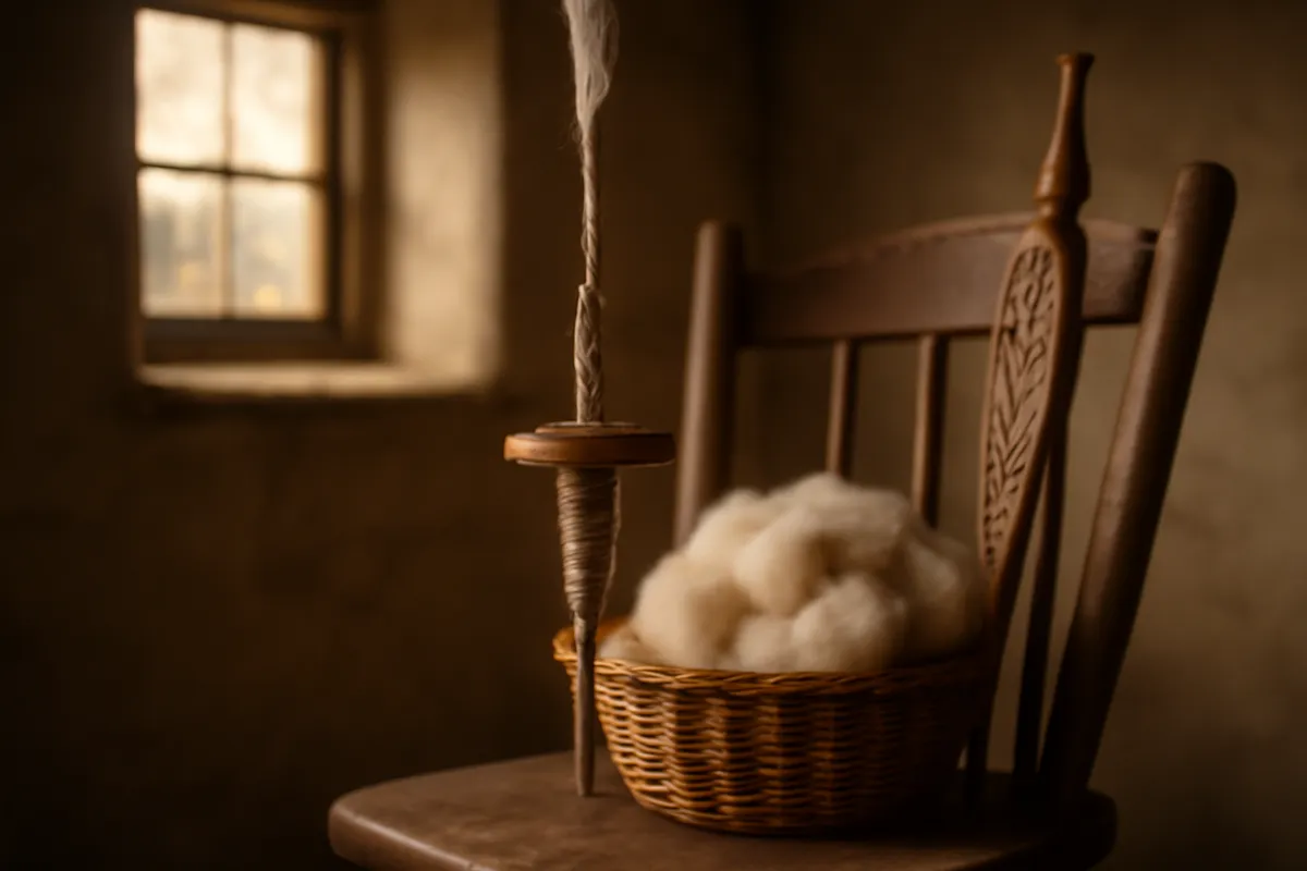 Wooden drop spindle mid-spin with wool roving and a carved distaff in a cottage interior