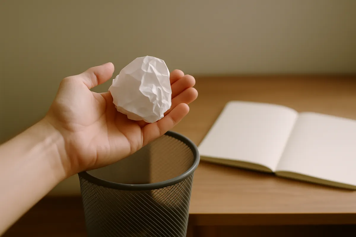 Crumpled handwritten list held over a wastepaper basket beside a fresh notebook page