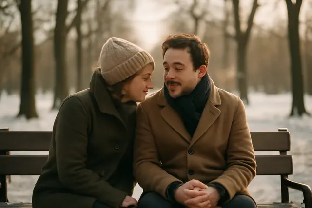 Two people on a park bench in winter, one leaning in to listen while the other talks