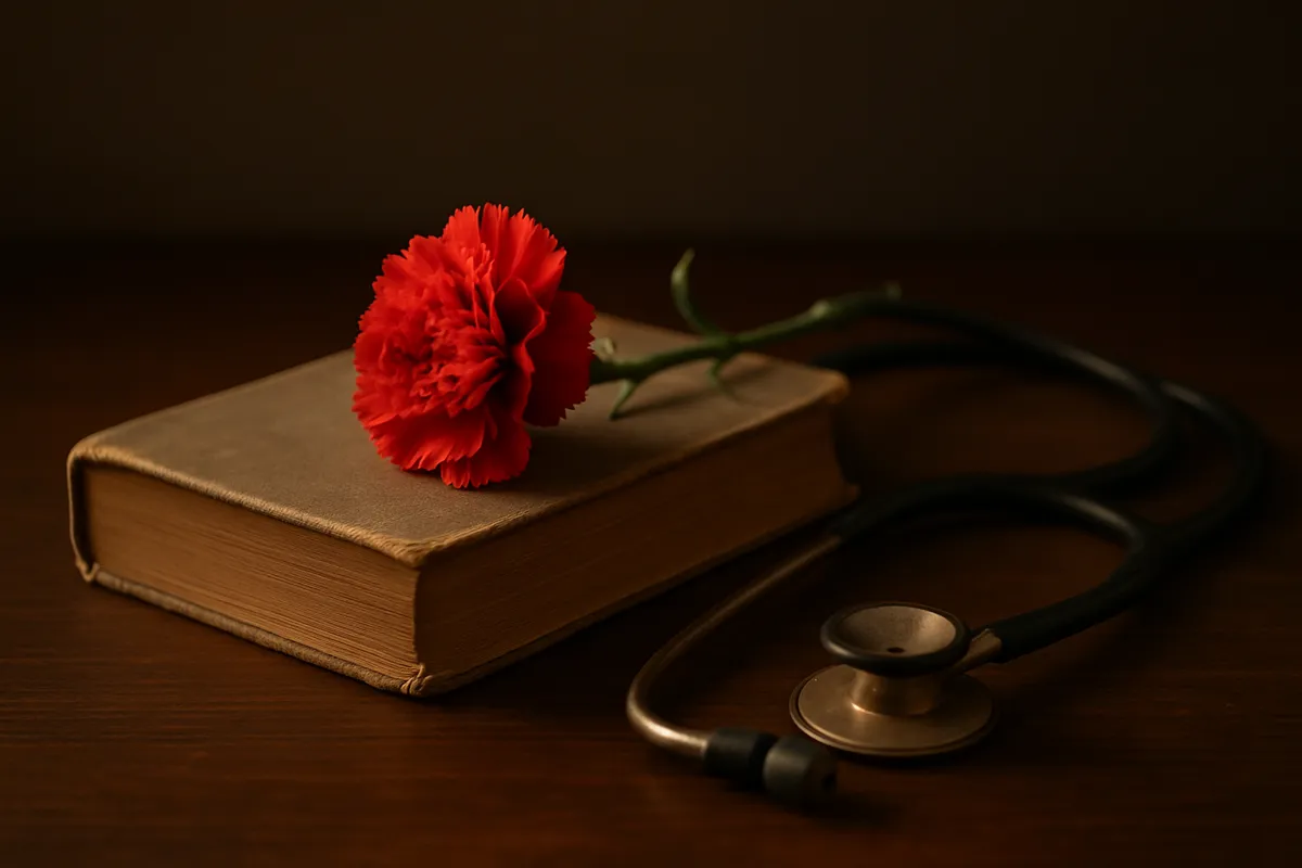 Single red carnation resting on a worn medical textbook beside an antique stethoscope