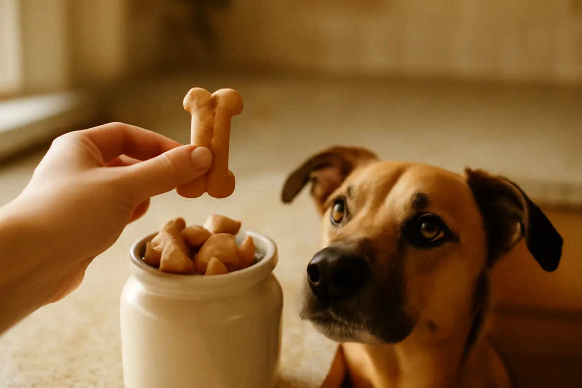 Bone-shaped dog biscuits in a ceramic jar with one held out to an attentive dog