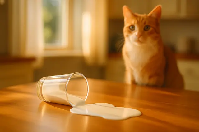 A tipped glass of milk on a kitchen table with a cat looking on