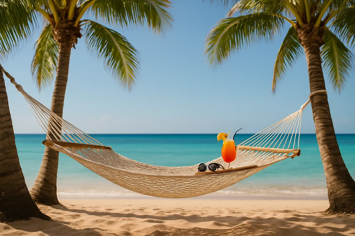 A hammock between two palm trees on a beach with a tropical drink